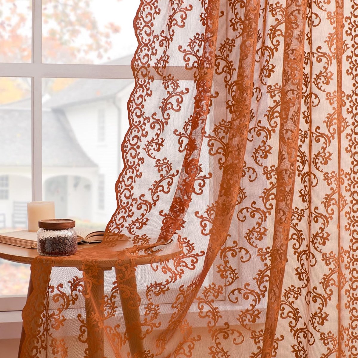oranje kanten gordijnen 84 inch lang voor herfst herfst pompoen decor - staaf zak licht filtering vintage Battenburg gordijnen voor slaapkamer woonkamer, 52x84, terracotta