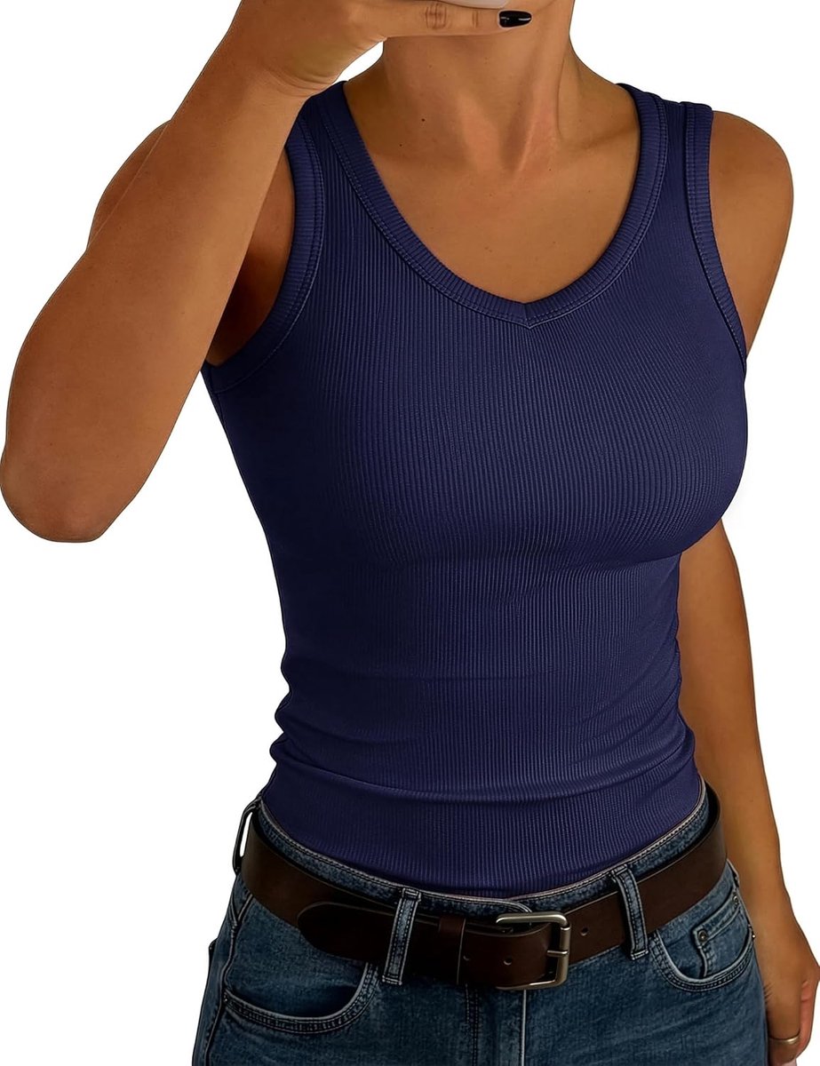 Mouwloos T-shirt voor dames, V-hals, zomervest, geribbeld, basic, stretch, effen, casual, tuniek
