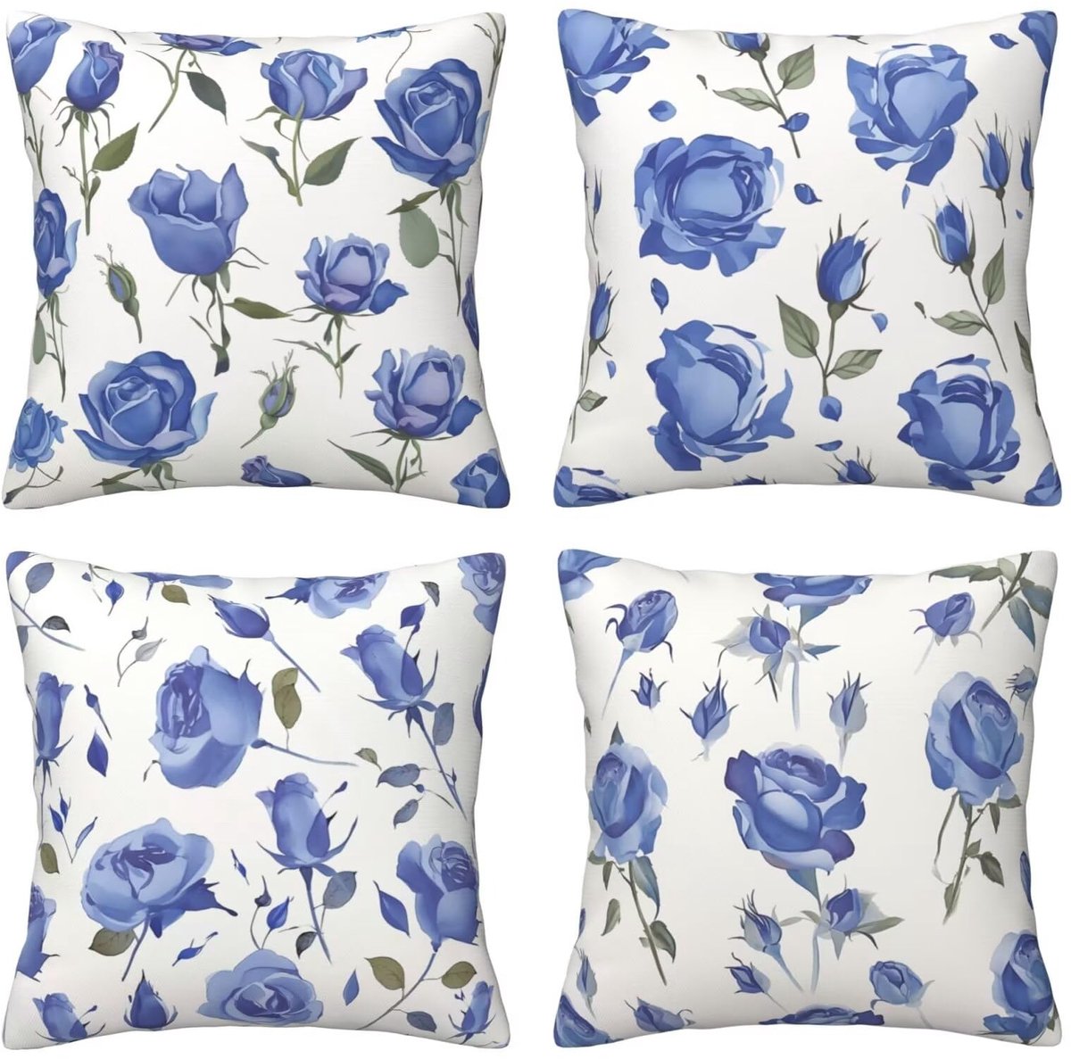 Kussenhoezen, 65 x 65 cm, blauwe bloemen, 4 stuks, vierkant, fluweel, zacht en ademend, decoratieve kussenhoes met verborgen ritssluiting, voor slaapkamer en woonkamer, bank, E8210