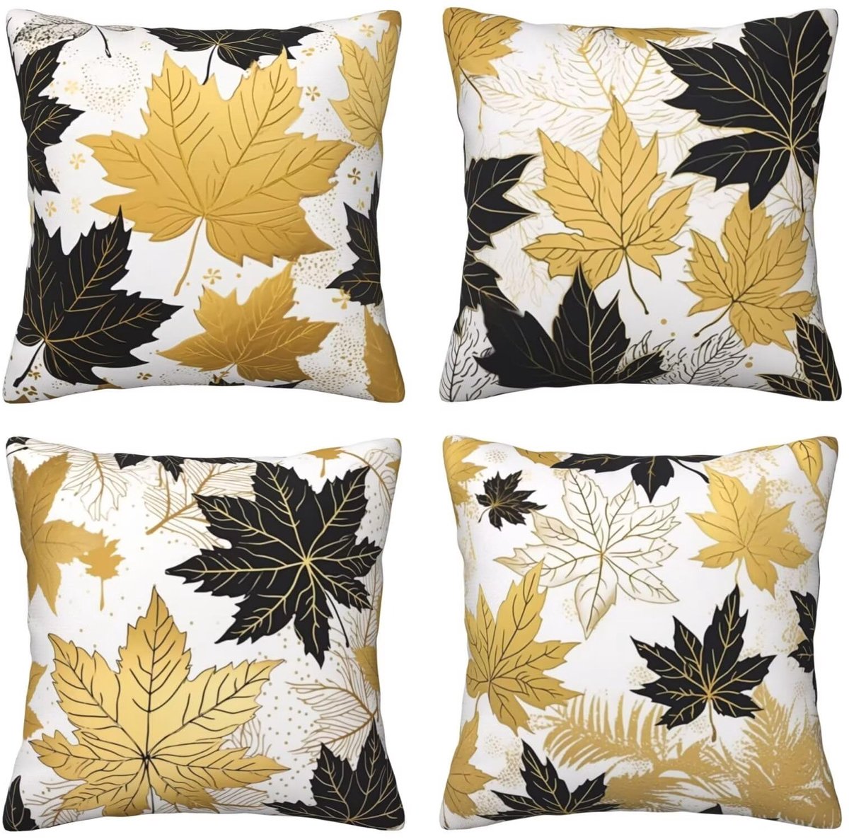 Kussenslopen van 65 x 65 cm, set van 4 stuks, zachte fluwelen kussenslopen met onzichtbare rits, voor slaapbank, woondecoratie, zwart en geel, esdoornblad, set van 4 kussenslopen 26 x 26 inch U4535