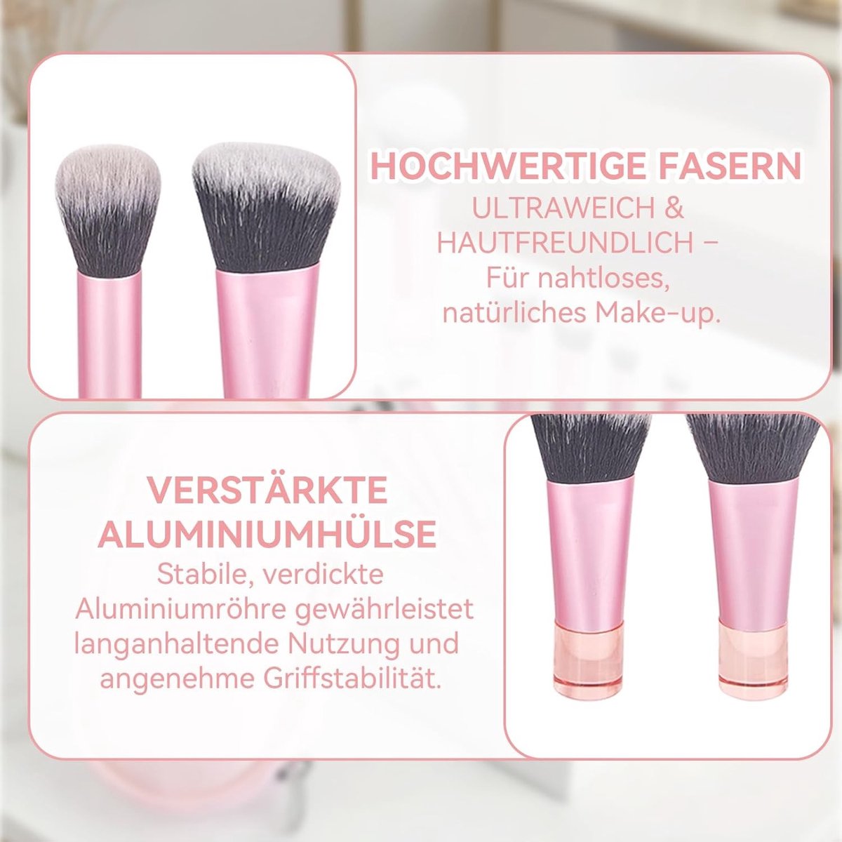 Complete penseelset voor make-up, 10 hoogwaardige kwasten met opbergtas, ideaal voor foundation, rouge, poeder en oogschaduw (roze)