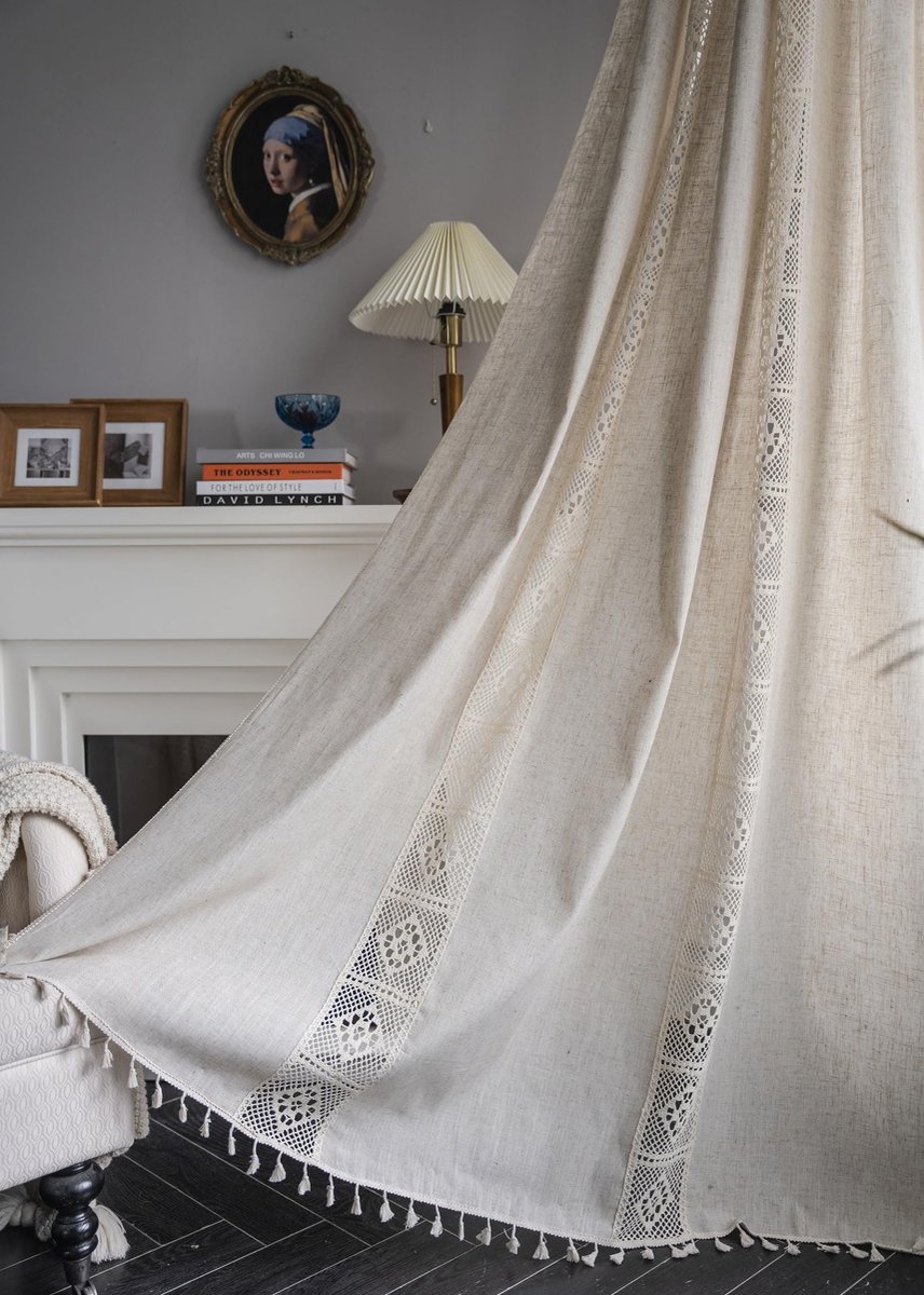 iyoimono Boho gordijnen beige linnen patroon vintage gordijnen landhuisstijl gehaakte breigordijnen polyester katoen kant transparant gordijn voor keuken woonkamer slaapkamer, 2 stuks, b 150 x h 180