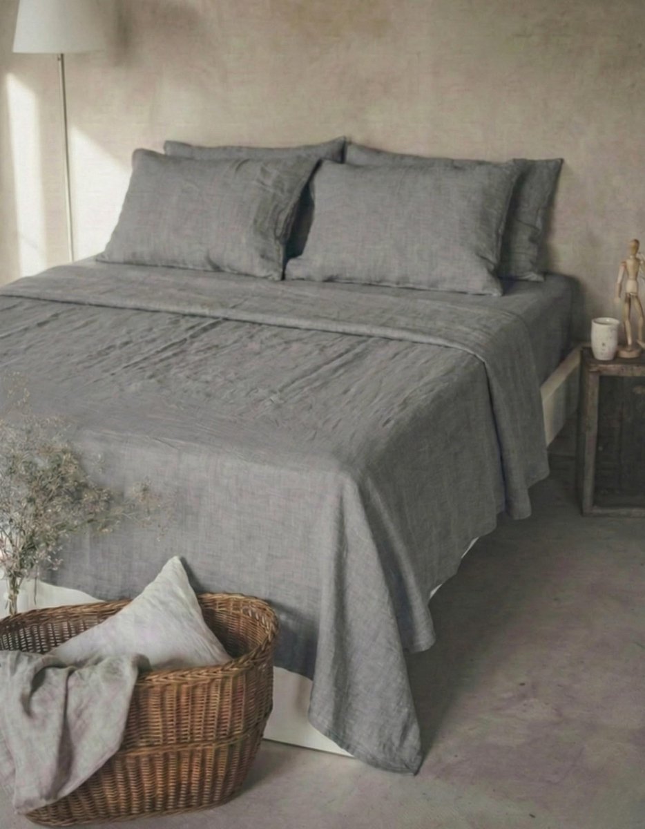 laken zonder elastiek, 100% stonewashed linnen, ademend, zonder kussenslopen, grijs, 140 x 220 cm