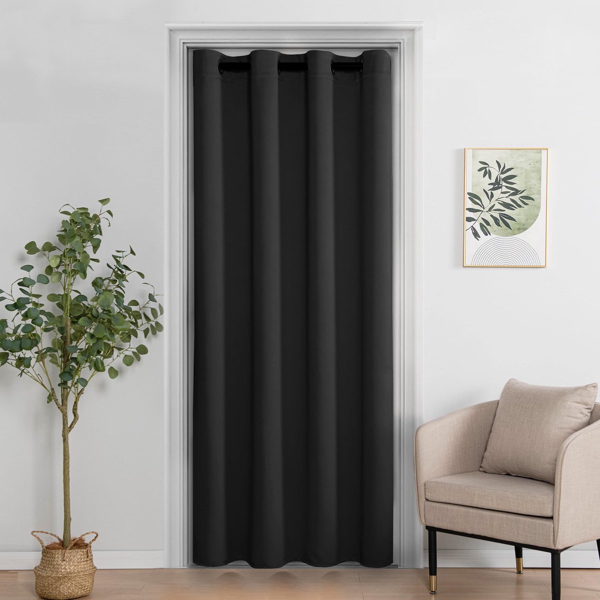 Deurgordijn, kastgordijn voor open kast, ondoorzichtige deurgordijnen met ringen, geschikt voor woonkamer, slaapkamer, werkkamer, 1 stuk, zwart, 214 x 132 cm (H x B)