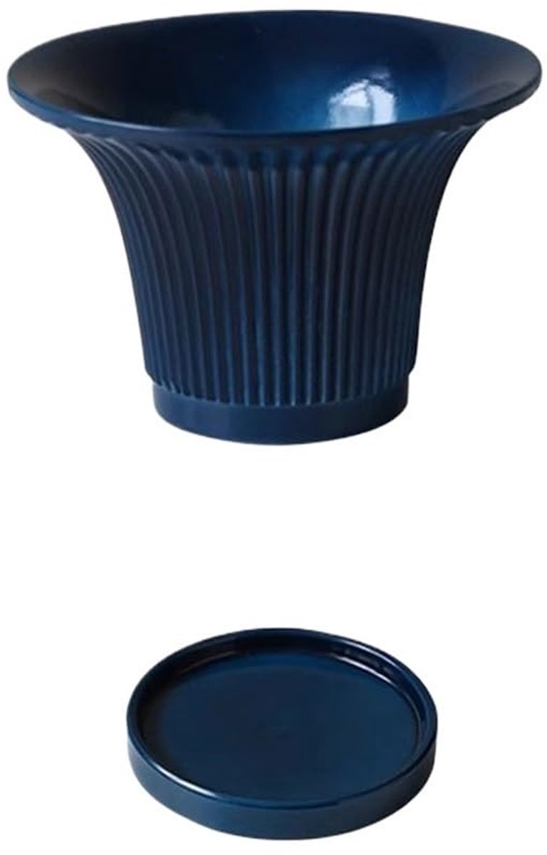Plantenpot met ronde streeptextuur, afvoergat en schoteltjes, keramiek, bloempot, for kamer, balkon, kantoorplanten, container (3 kleuren)(Blue)