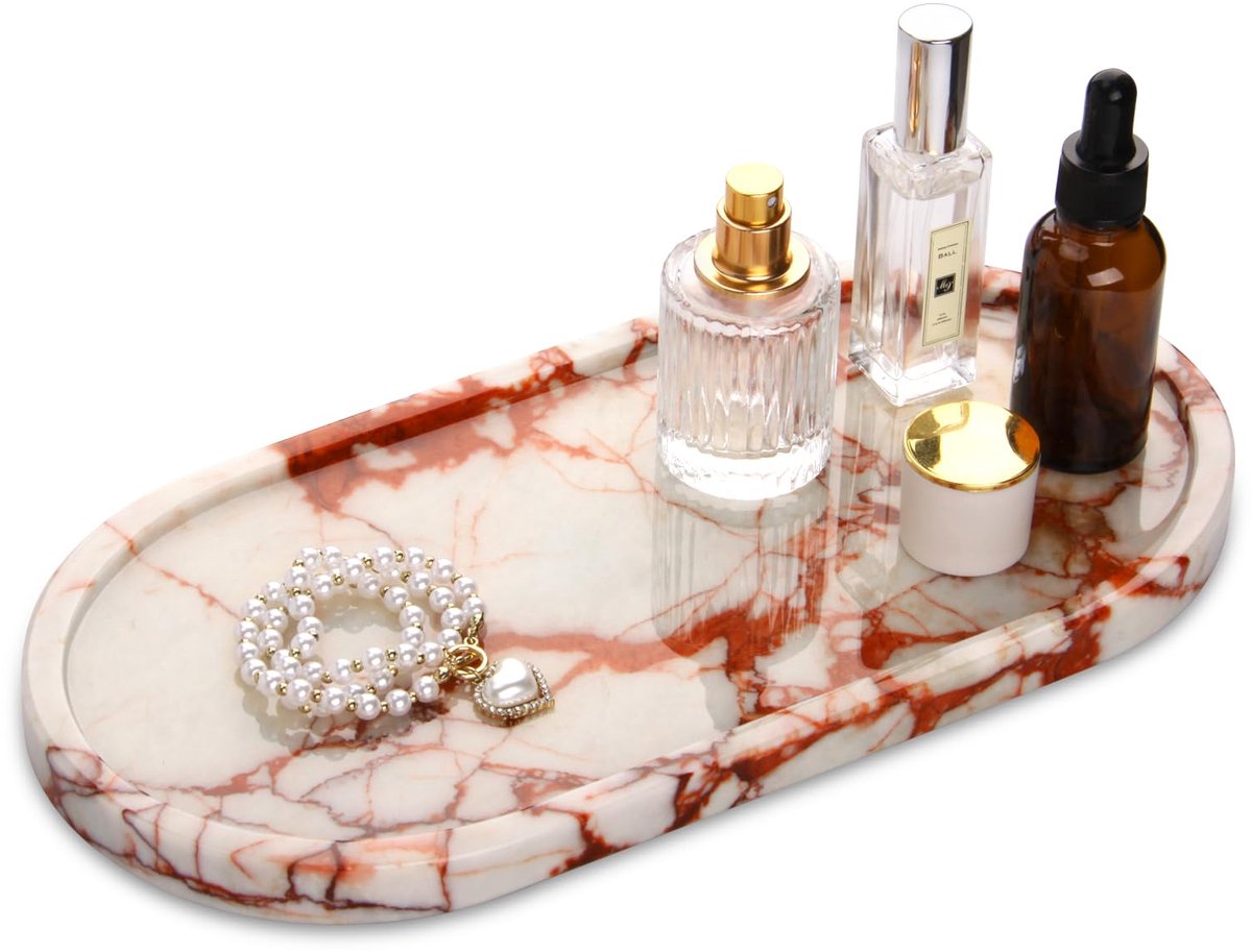 badkamer ijdelheid lade, ovale natuurlijke luxe marmeren huis keuken badkamer tafel lade, steen decoratieve aanrecht dienbladen voor koffie parfum sieraden make-up sleutel Calacatta rood 30 x