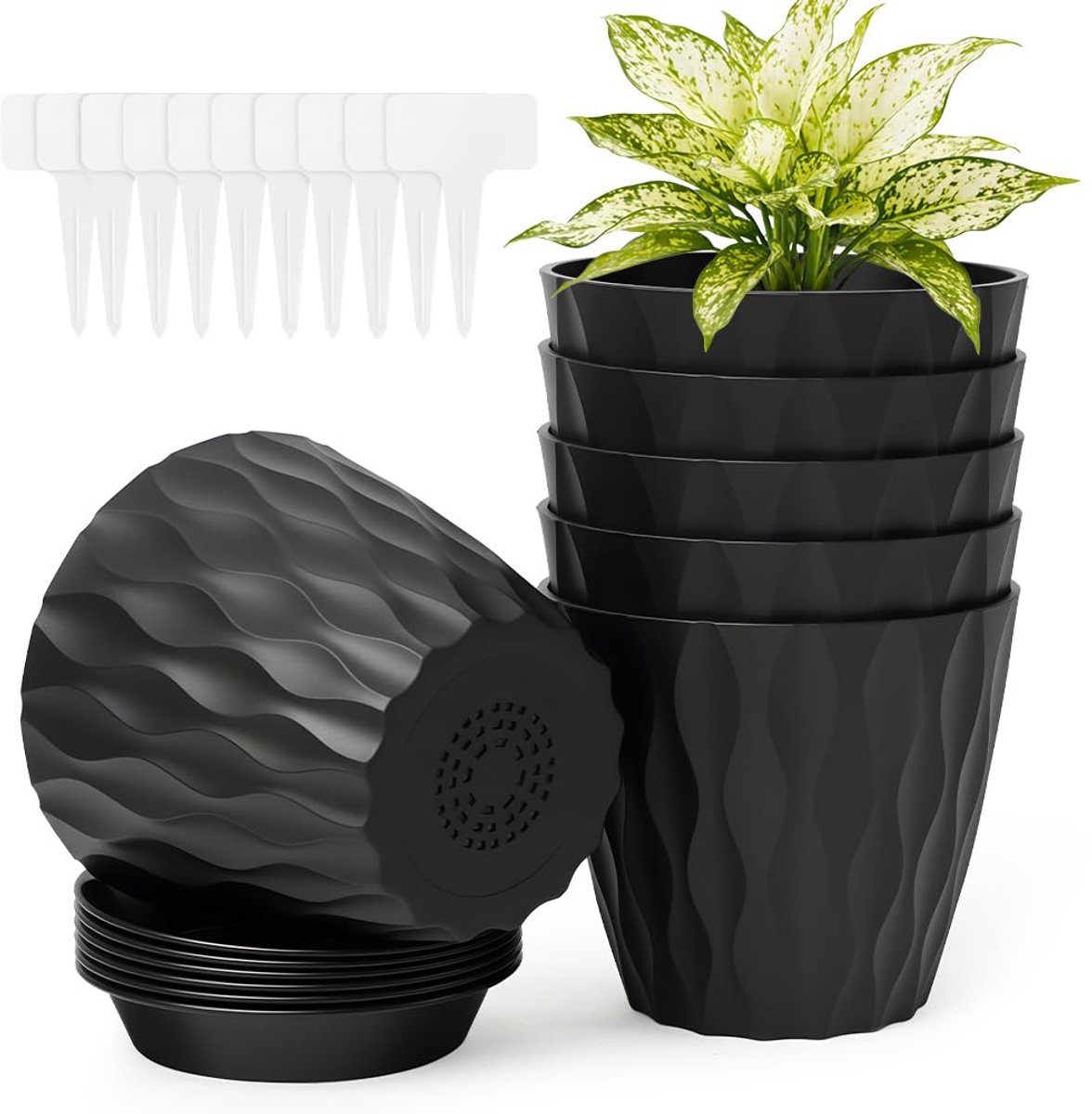 Plantenpotten, 6 stuks 5 inch plastic golftextuur bloempotten met drainagegaten en schotels, moderne decoratieve plantenpot, indoor outdoor plantenbakken voor vetplanten en alle kamerplanten