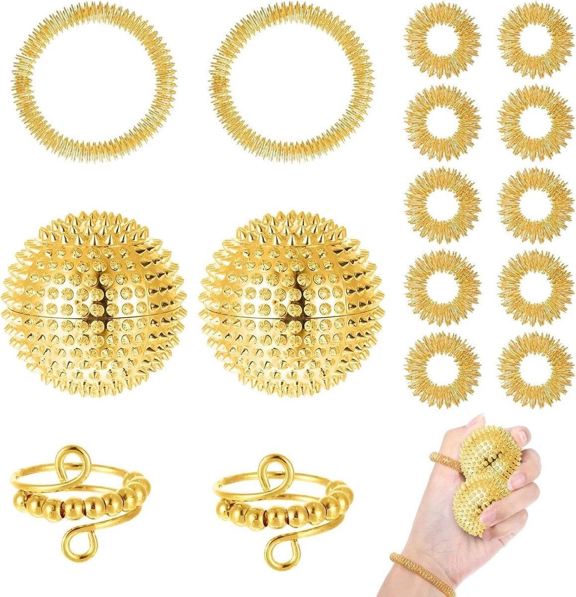 16-delige set met angstverlichting: 2 ringen, 10 acupressuurringen, 2 armbanden en een egelbal voor stressverlichting en ontspanning
