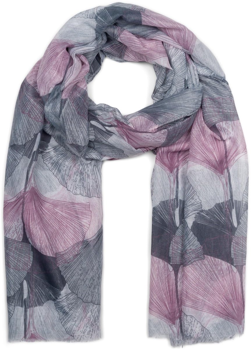 styleBREAKER dames sjaal met gekleurde ginkgo bladeren patroon print en korte franjes, lichte sjaal, stola 01016208