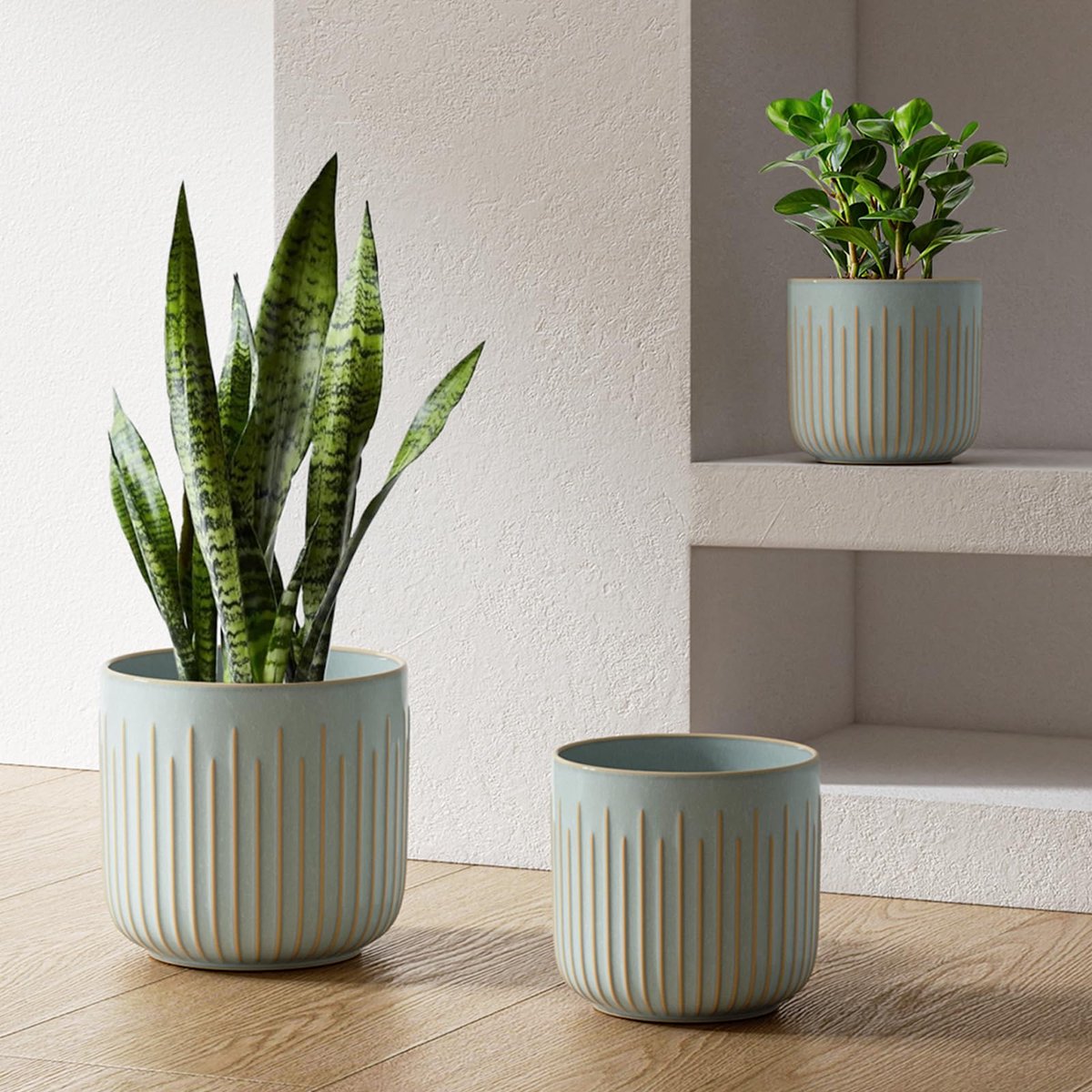 Bloempotten 21+17,5+15 cm, Set van 3, Plantenpotten met Afwateringsgaten, Geribbeld Cilinder Design, voor Sansevieria, Monstera en Decoratie, met Netpad, Mistgrijs