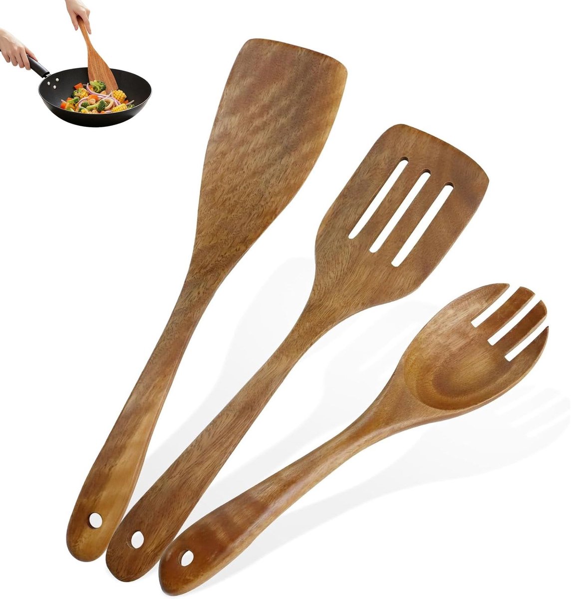 Spatelset van 3 keukengerei, houten spatel, kooklepel, voorkomt krassen op pannen, keukengerei van natuurlijk hout, hittebestendig, gezond, vaatwasmachinebestendig