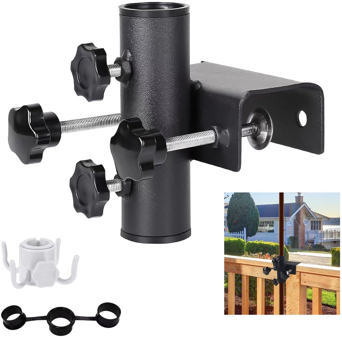 Parasolhouder, balkonleuning, universele parasolhouder balkon, parasolhouder, balkonleuning, parasolbuis Ø 23 ~ 38 mm, maximaal klembereik 63 mm, voor evenementen in de open lucht, camping