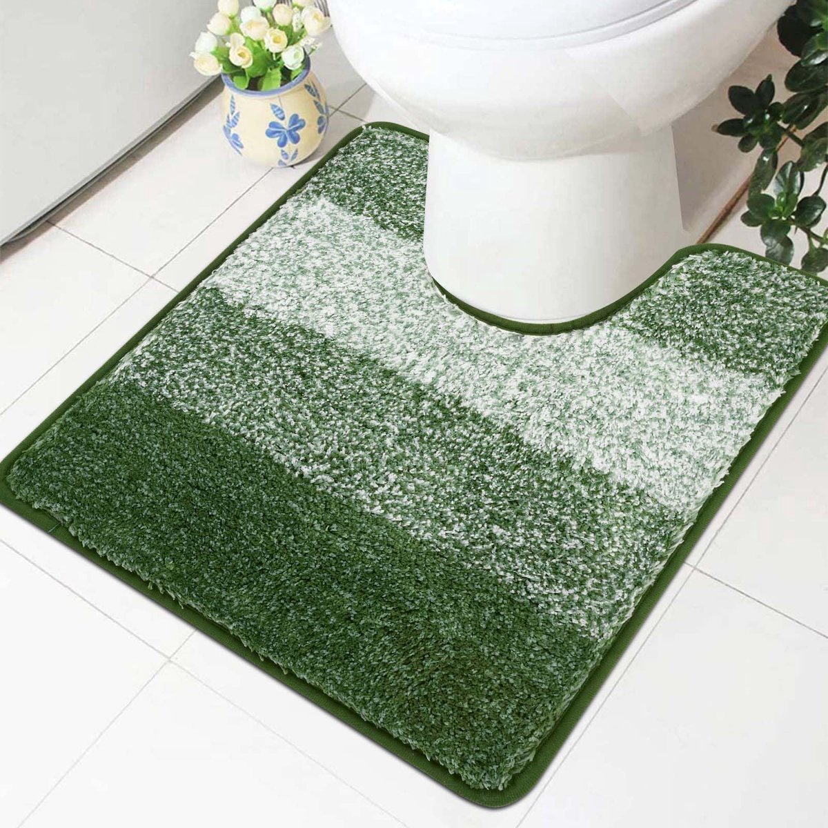 Badkamertapijt, antislip, wasbaar, wc-mat, 50 x 50 cm, zacht, absorberend, groen, hoogpolig, microvezel, wc-tapijt met uitsparing, badmat, badkamer, decoratie, badkameraccessoires