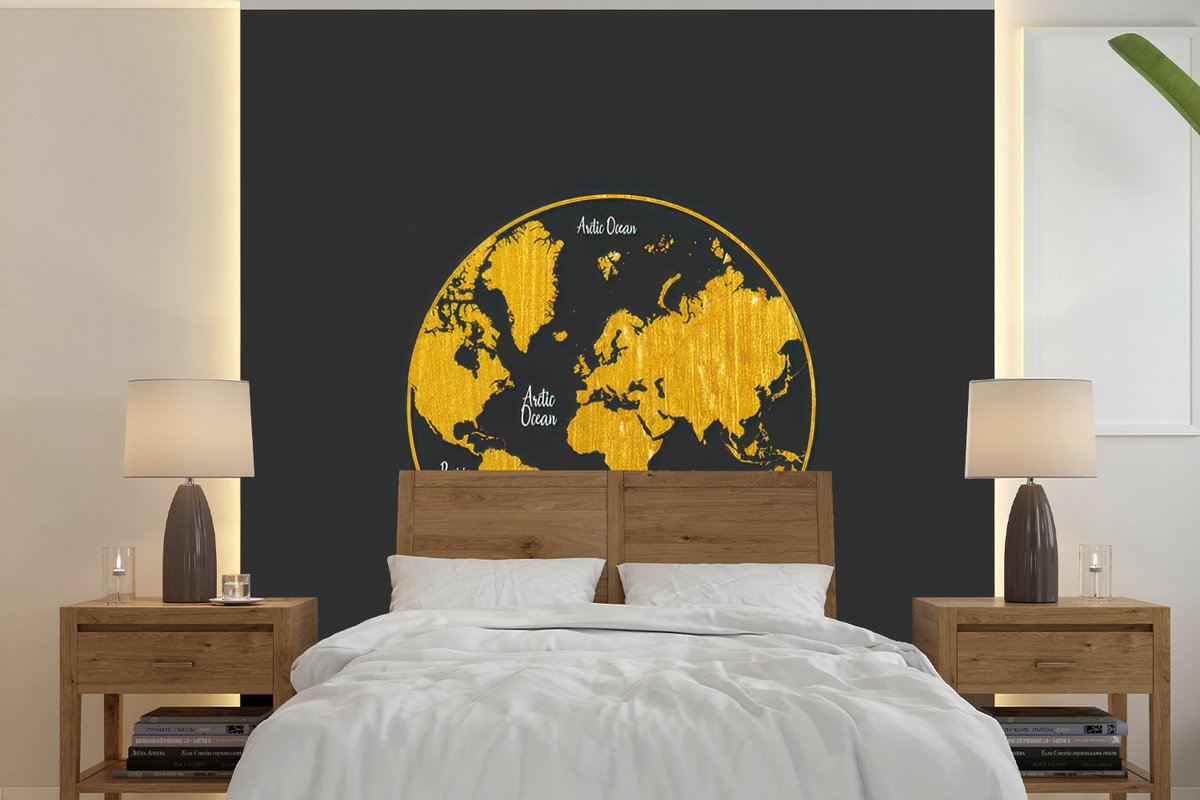 Behang - Fotobehang Wereldkaart - Cirkel - Goud - Breedte 350 cm x hoogte 350 cm