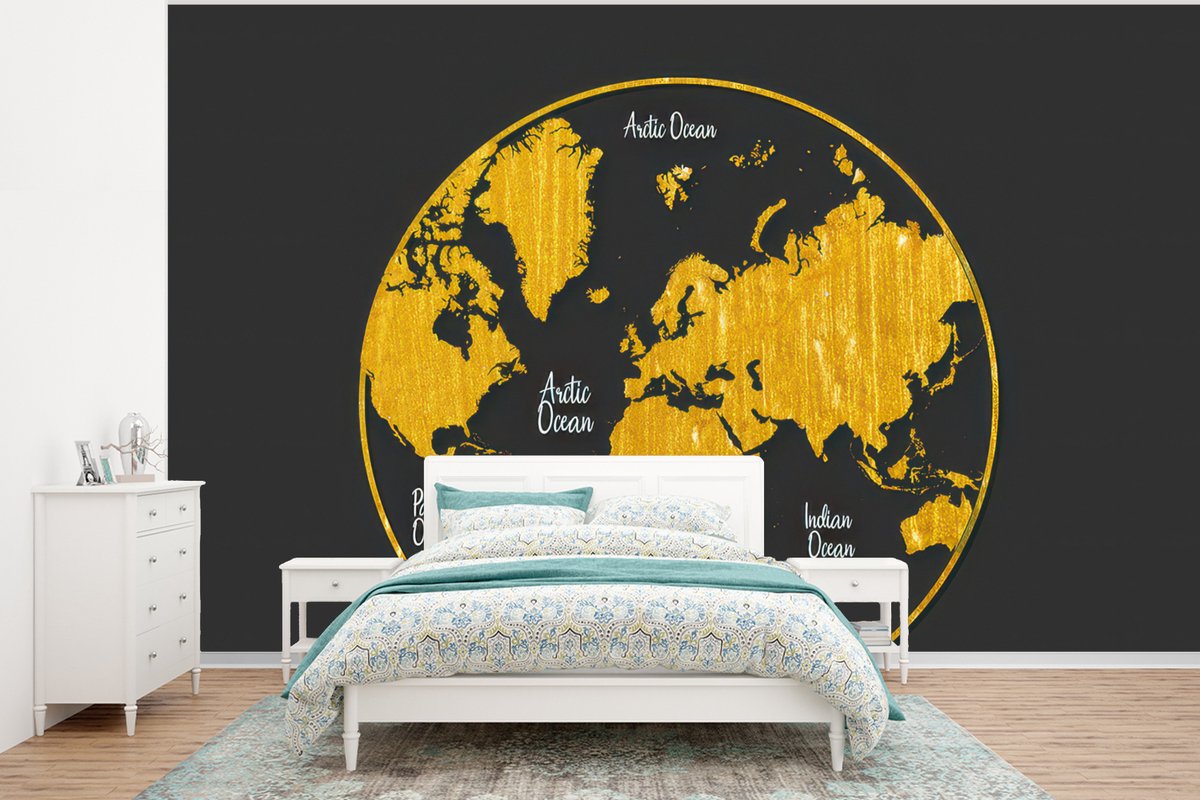 Behang - Fotobehang Wereldkaart - Cirkel - Goud - Breedte 400 cm x hoogte 300 cm