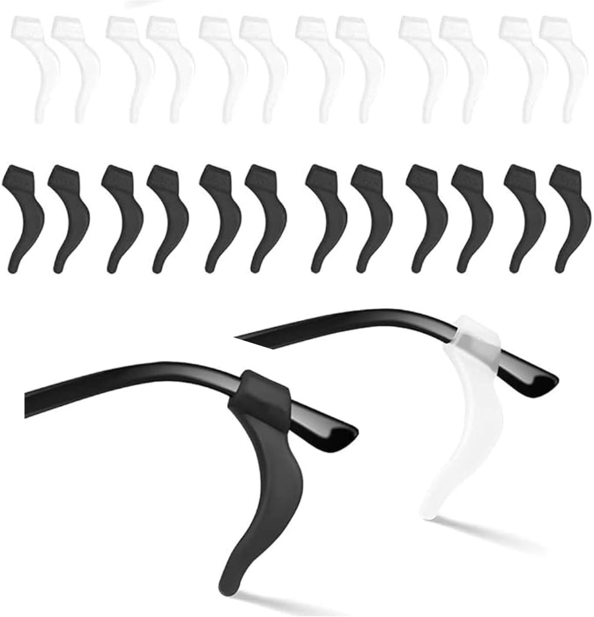 Dailygoods - 12 paar universele siliconen haken, antislip pootdoppen voor brillen en zonnebrillen, zwart en transparant