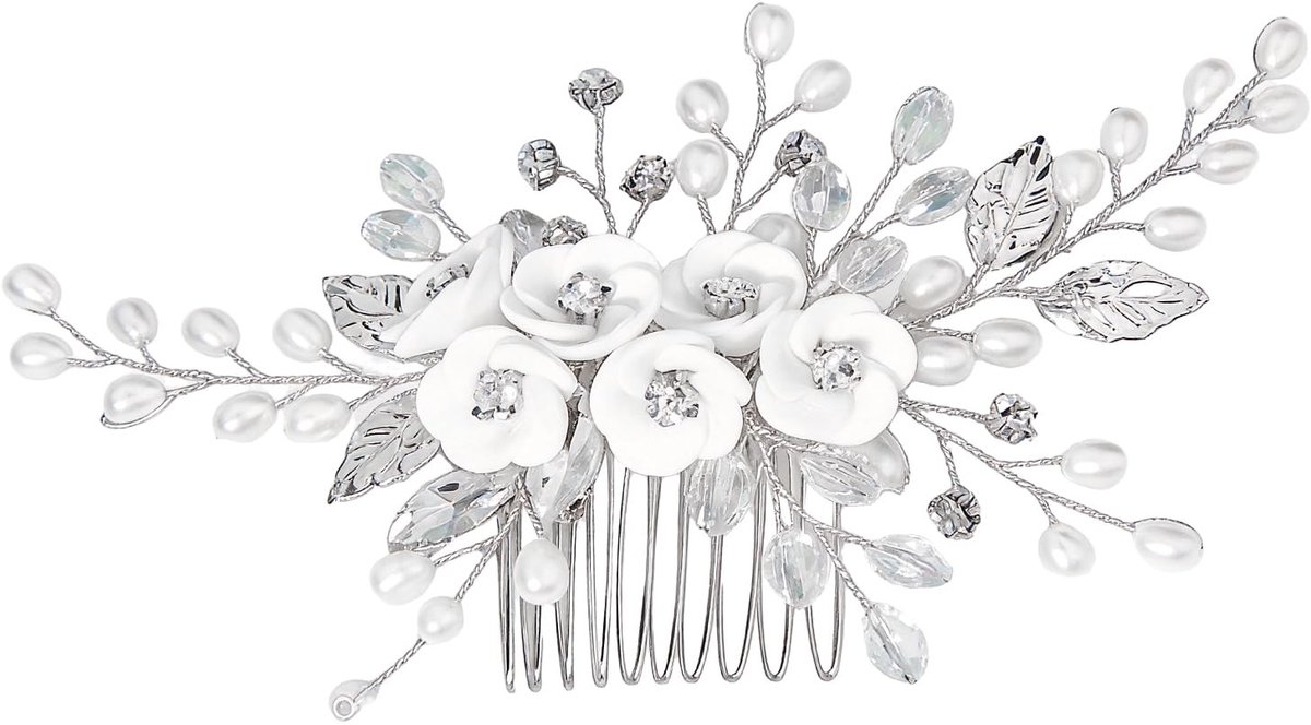 Dailygoods- Bruidshaaraccessoires Elegante Haarkam - Haarsieraad met Bloemen - Handgemaakte Haarspeld - Parels/Kristallen - Tijdloze Uiterlijk