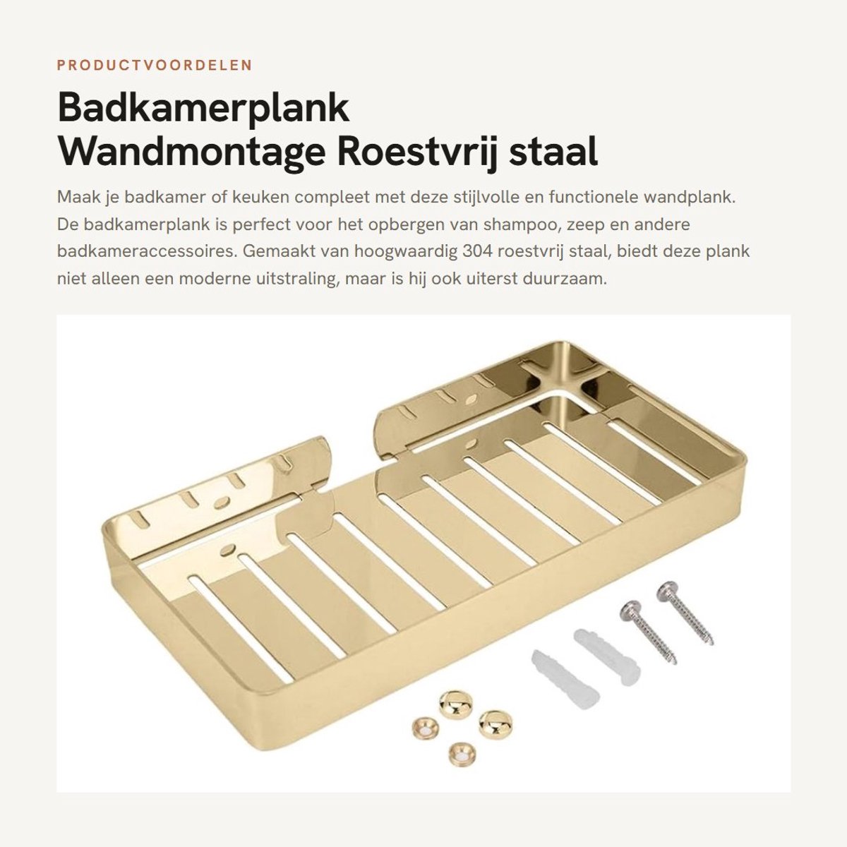 Dailygoods- Afvoerrekplank wandmontage - Roestvrij Stalen Houder - Zeepdispenser - Badkamer/Keuken Organizer - 23 x 12 x 2,5 cm - Zwart/Goud