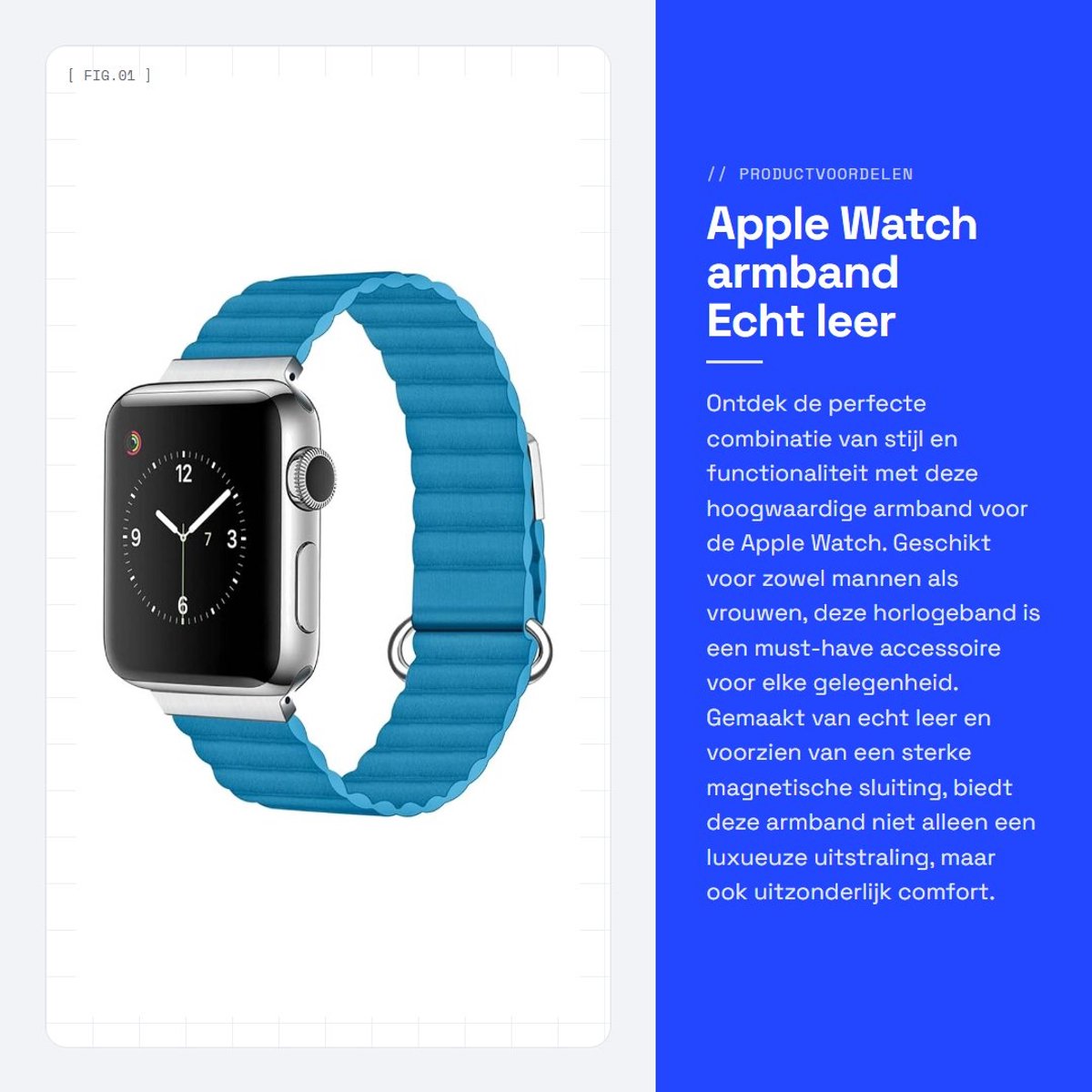 Dailygoods- Horlogeband Magnetisch - Roestvrij Staal - Echt Leer - Compatibel met Apple Watch - Unieke Keeper Loops - Verstelbaar en Comfortabel - Smartwatch Band