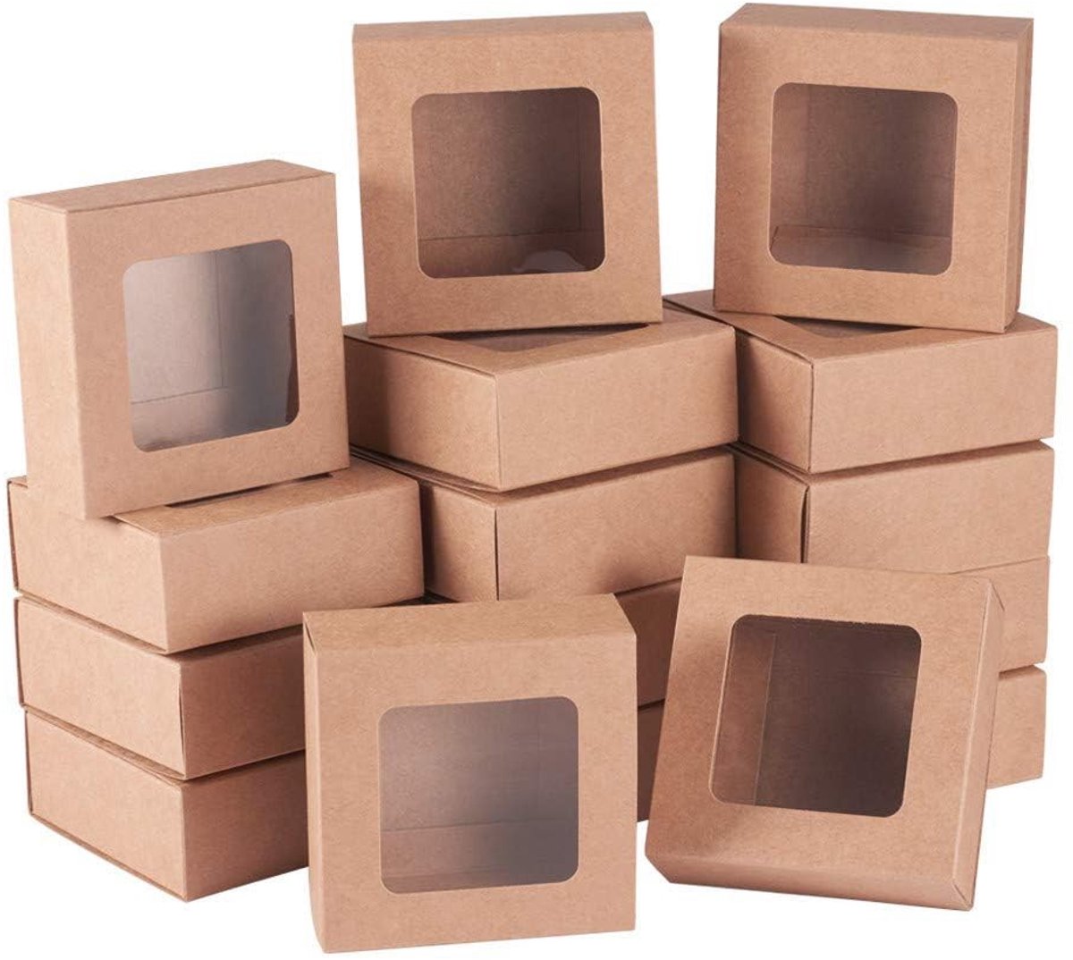 Dailygoods- Kraftpapier Ladedozen 24 Stuks - Geschenkdozen met Venster - 6.5x6.5x3cm - Milieuvriendelijk - Sterk en Duurzaam - Perfect voor Bakkerij en Feesten - Cadeauverpakking