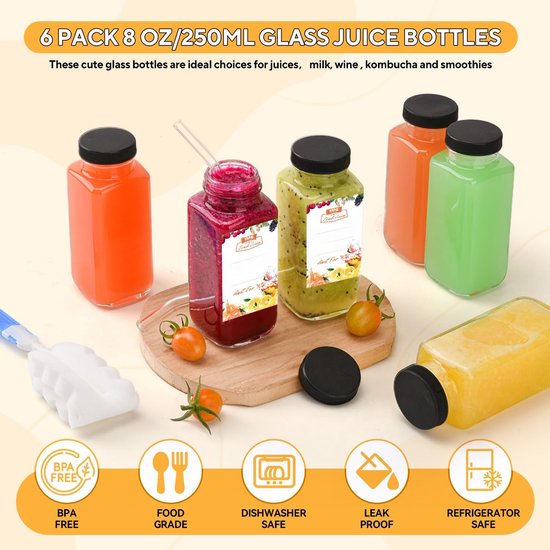 Dailygoods- Smoothieflessen 250 ml - Glazen Flessen - Shotflessen - Drinkflessen - Mini Glazen - Inclusief Rietjes en Trechter - Sapflessen van Dailygoods — afbeelding 4