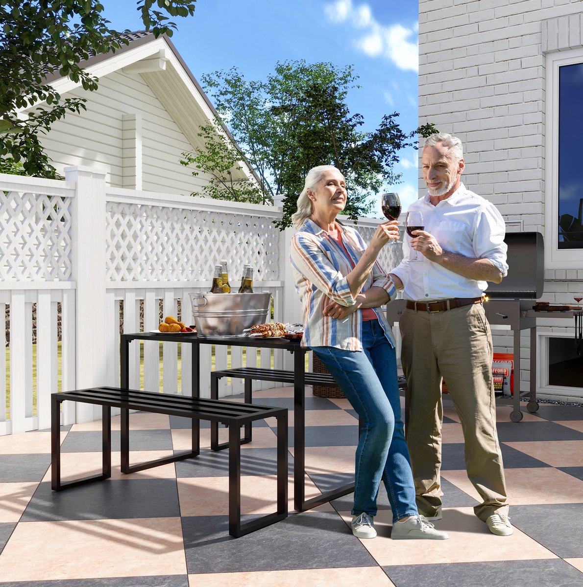 MIVRAY Tuinset 110 x 55 x 70 cm - 3-Delige Zitgroep Met Tafel En 2 Banken - Voor Tuin En Terras - Metaal Zwart