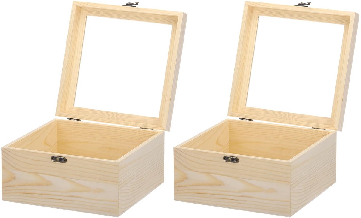 Dailygoods - QUARKZMAN Opbergdoos van ongelakt hout, scharnierdeksel, 19 x 19 x 12 cm, kleine sieradendoos van hout met glazen deksel voor doe-het-zelf handwerk, verzamelstukken sieraden, 2 stuks, beige