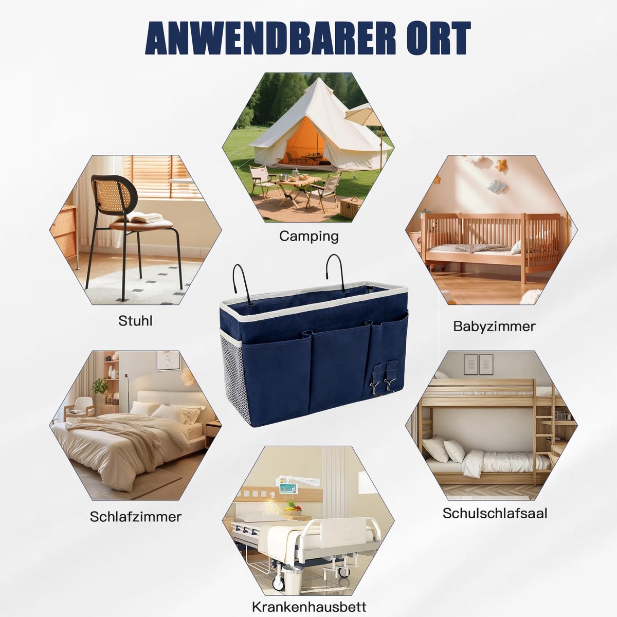 hangorganizer met metalen haken, 35 x 20 x 12 cm, hangmand voor bed en babybed, grote capaciteit, zijvakken en netvak, stabiele bedhangenorganizer, blauw