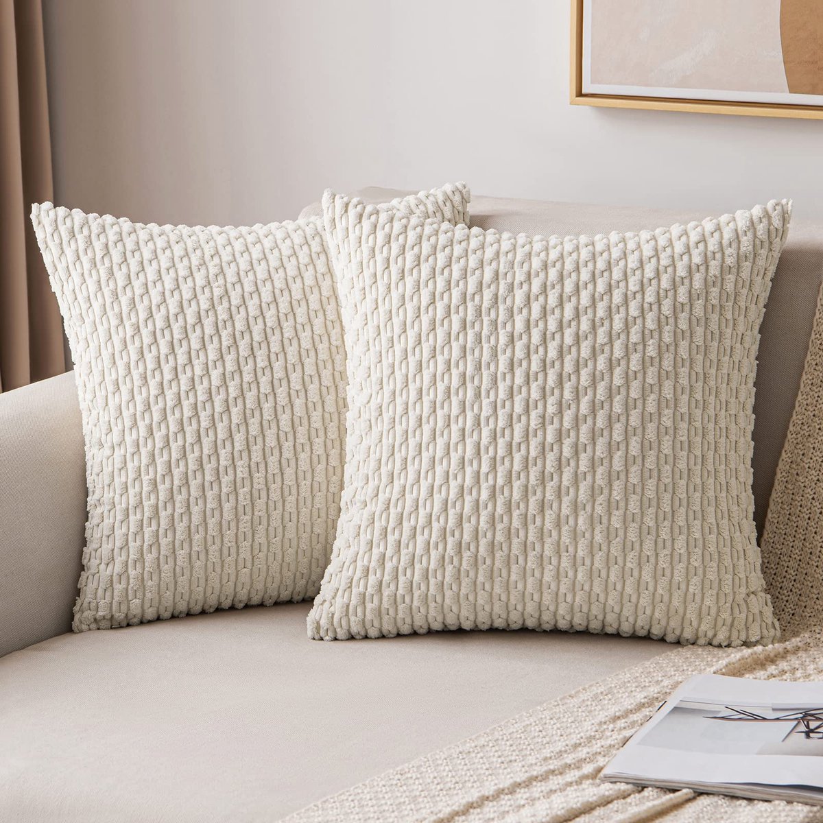 Korduroy kussensloop, kussenslopen, decoratieve kussenhoezen, moderne bankkussens, sierkussen, sofakussen, sierkussen, zacht voor bank en woonkamer, set van 2, 40 x 40 cm, crèmewit