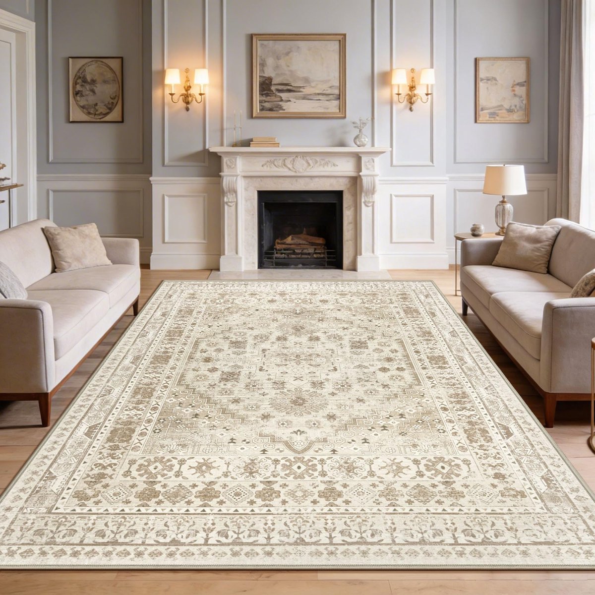 Wasbaar tapijt voor woonkamer, eetkamer, keuken, kantoor, vintage stijl, antislip, 200 x 300 cm, beige