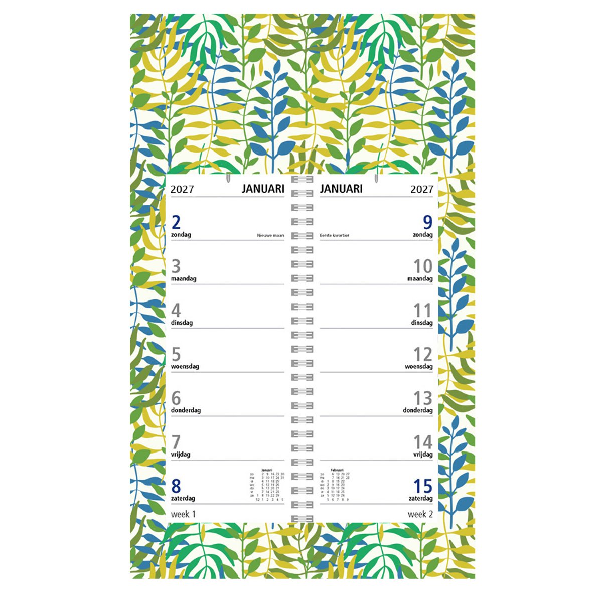 Castelli - omlegweekkalender op schild 2027 - ringband - 2 weken overzicht - formaat 20x33cm - dessin schild Bladeren