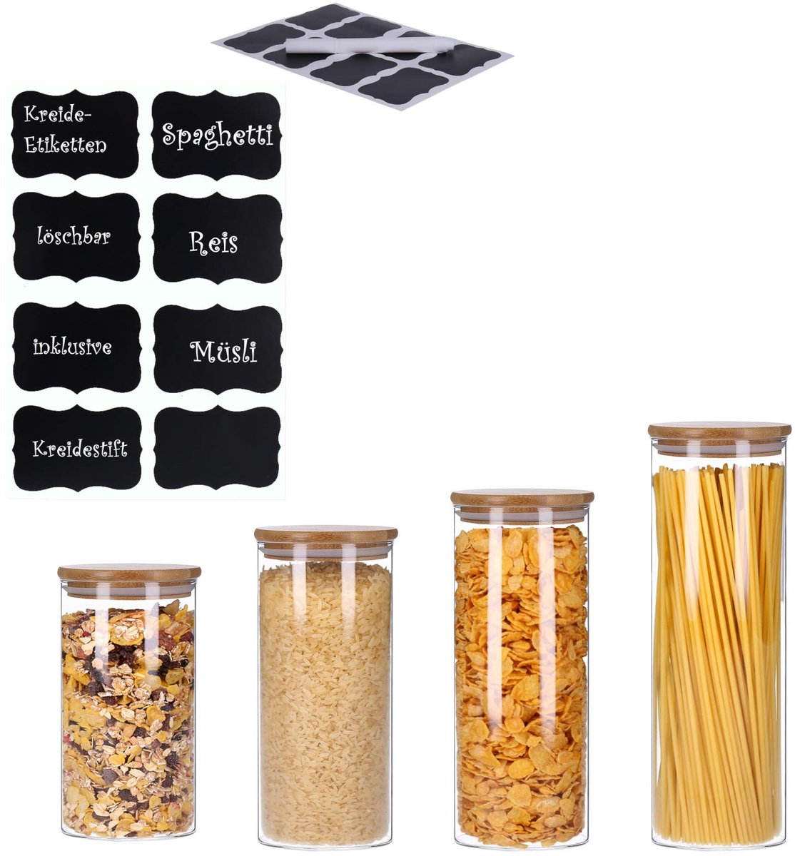 Set van 4 voorraaddozen van glas met bamboedeksel, voorraadpotten, glazen container, spaghettiglas, incl. 8 krijtetiketten en stift, luchtdicht, vaatwasmachinebestendig, mottenbestendig,