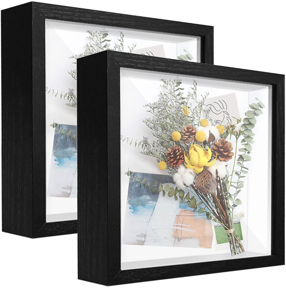 20 x 20 cm, doos, diepe houten fotolijst, vierkante fotolijst, staand of aan muur, voor het tentoonstellen van medailles, bloemen en knutselwerken, 2 stuks