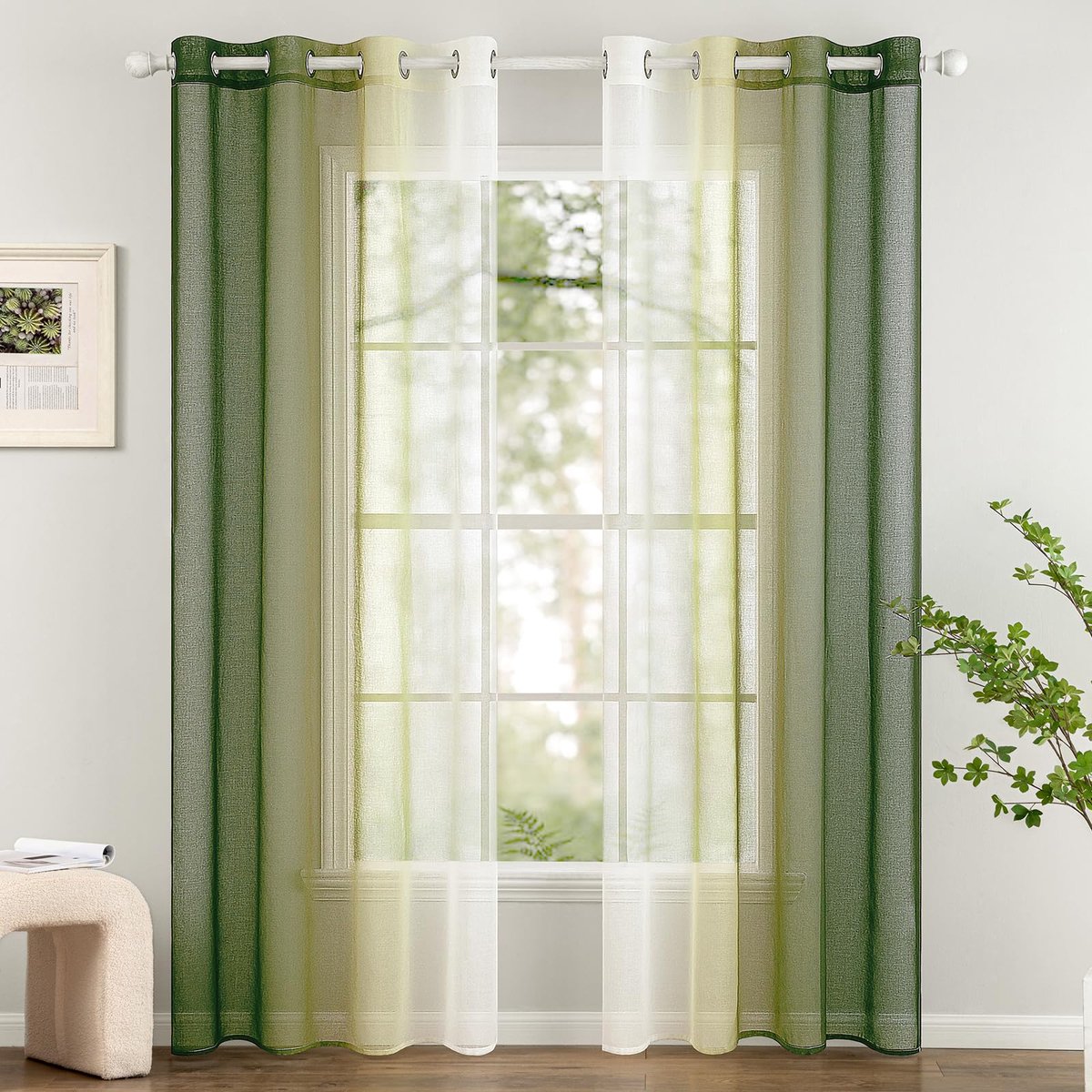 Set van 2 transparante gordijnen, Ombré gordijnen met ringen, semi-transparant, lichtgewicht, elegant, binnengordijnen voor moderne woonkamer, balkon, huis, 140x225cm, olijfgroen