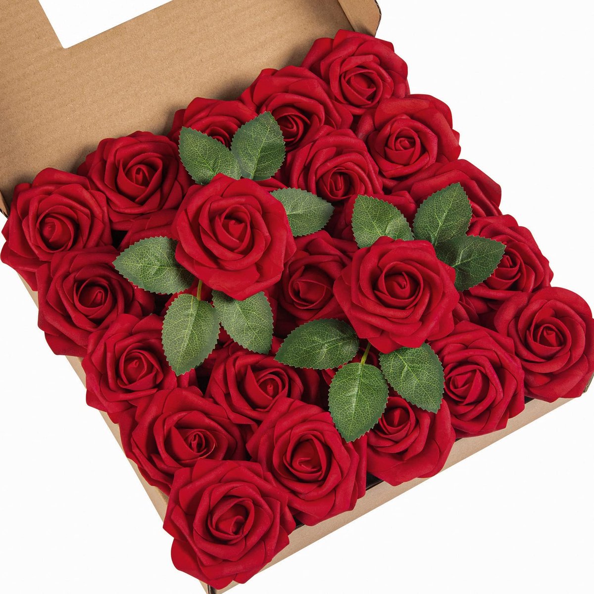 25 Stuks Kunstrozen Bloemen Nep Roos met Stengels Real Touch Schuim Bloemhoofd voor DIY Bruiloft Bruids Boeket Baby Shower Centerpiece Bloemdecoratie Feest Huisdecoratie (Donker Rood)