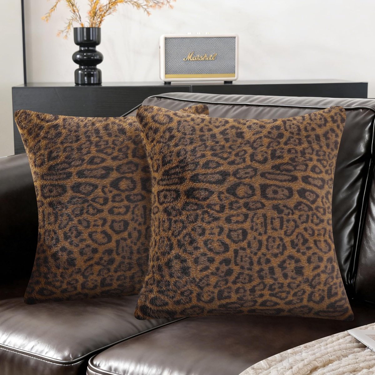 Kussenhoes Luipaard 45x45 Set van 2, Imitatiebont Jacquard & Fluweel Omkeerbaar, Sierkussenhoes voor Bank & Bed, Decoratieve Kussenhoezen met Onzichtbare Rits, Lichtbruin-2