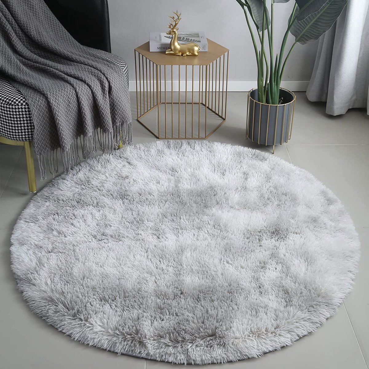 Tapijt voor woonkamer slaapkamer pluizig tapijt antislip ruig pluizige slaapkamertapijten afgerond shaggy groot formaat moderne stijl decoratief vloertapijt (wit grijs, 120cm)