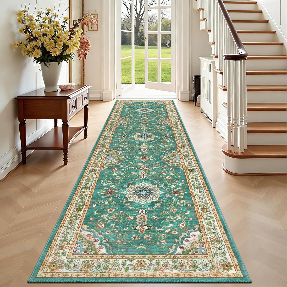 Lopers, vloerkleden voor hal 80 x 300 cm vintage extra lange keukenlopers, antislip wasbare tapijtloper voor woonkamer, entree, wasruimte, slaapkamer, groen