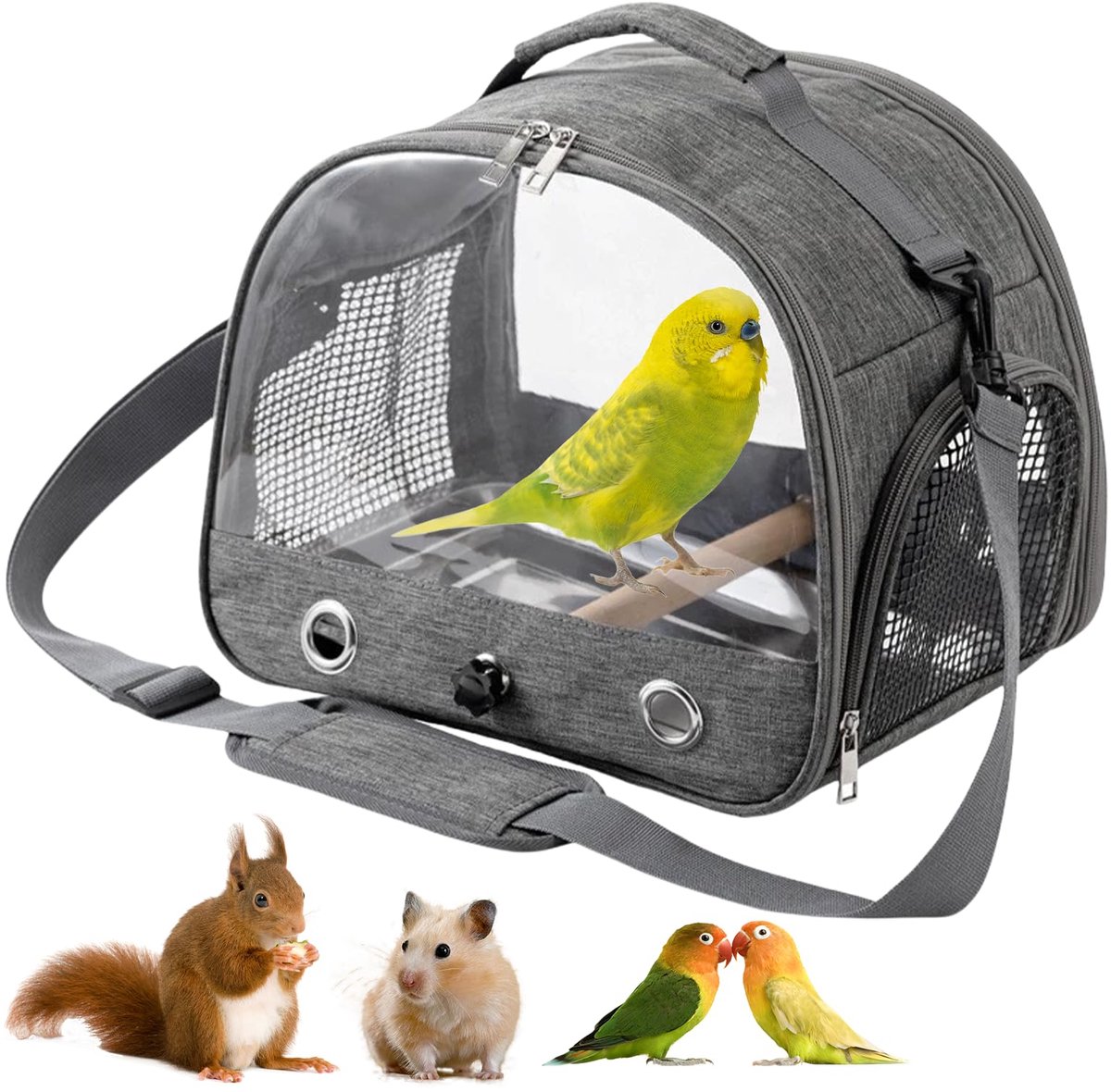 Transporttas voor kleine vogels, papegaaiendraagtas, parkieten, en kleine dieren (grijs)