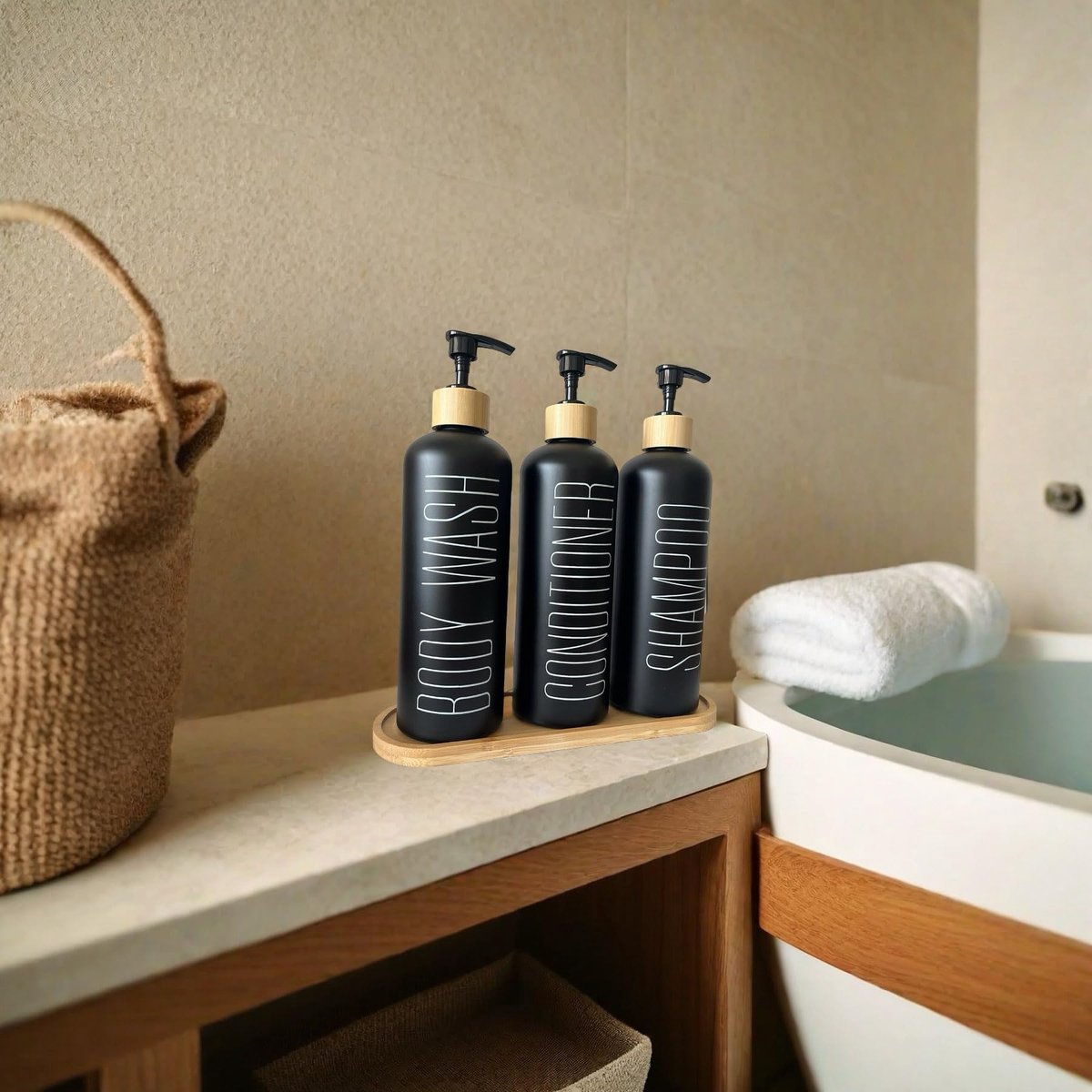 glazen shampoo en conditioner dispenserset met bamboe pompen en lade - 3 navulbare flessen voor de douche, vooraf geëtiketteerd voor body wash, shampoo, conditioner - 500ml/16.9oz elk — cadeau in Wonen & Interieur - foto 3