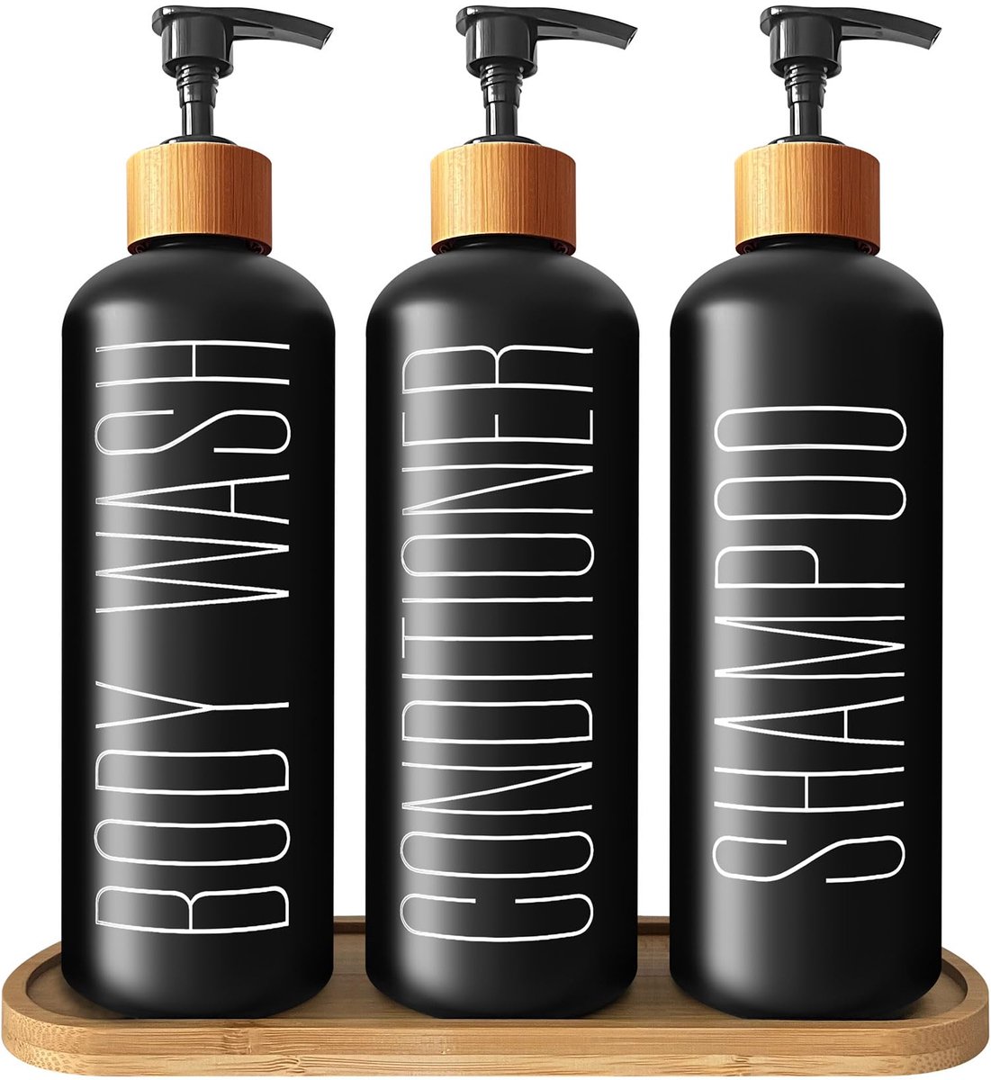 glazen shampoo en conditioner dispenserset met bamboe pompen en lade - 3 navulbare flessen voor de douche, vooraf geëtiketteerd voor body wash, shampoo, conditioner - 500ml/16.9oz elk