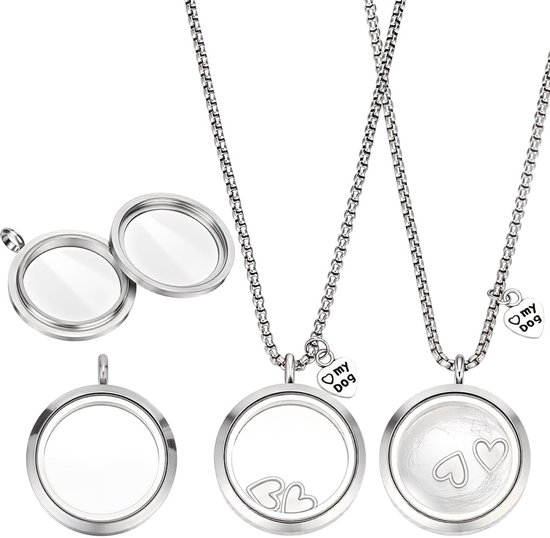 PandaHall 2 stks Hond Bont Keepsake Ketting, 304 Roestvrij Staal Huisdier Haar Memorial Medaillon Hangers 29.5mm Helder Glas Crematie Sieraden voor Huisdier As Bont Herdenking Pet Loss Memorial Day