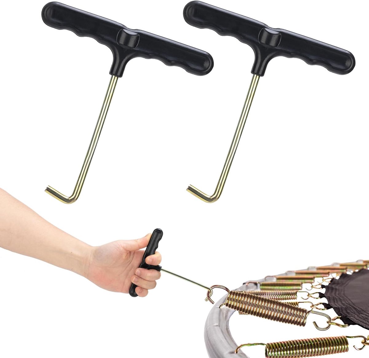 2-pack trampoline veertrekkers, trampoline onderdelen en accessoires, roestvrijstalen T-haak veertrekkers, vetersluitingen