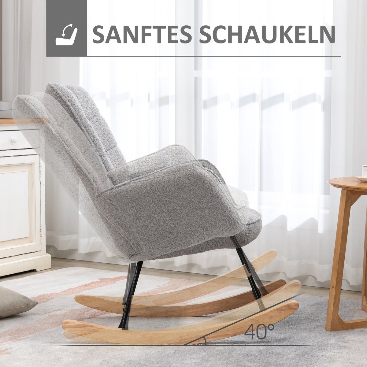 Schommelstoel Fauteuil - Zacht Gestoffeerd Met Armleuningen En Houten Schommelbasis - Voor Woonkamer En Ontspanning - Lichtgrijs