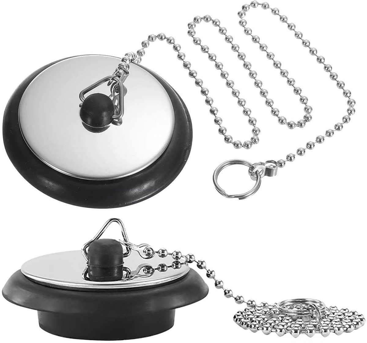 2 stuks afvoerstop, wasbakstopper, rubber met 40 cm ketting, Ø 40-45 mm stop, badkuip, zwart, stop voor gootsteen, badkuip, badkamer