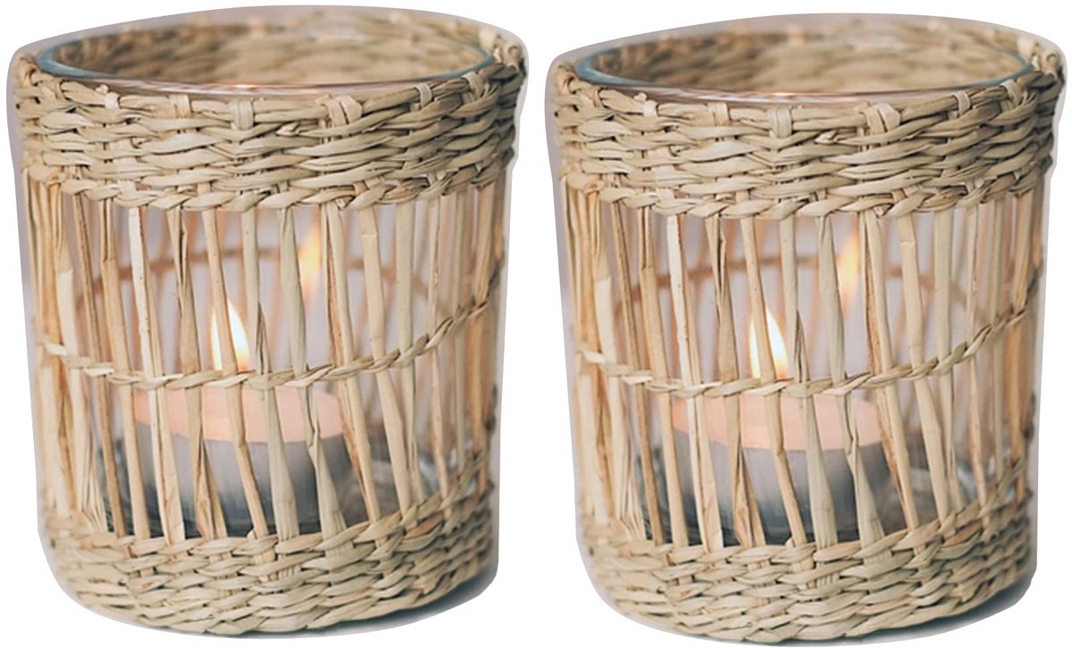 2 Natuurlijke Rieten Geweven Theelicht Kaarsenhouder, Decoratieve Hand Geweven Votive Theelicht Kaarsenhouder, Rustieke Vintage Zeegras Glas Votive Kaars Houders voor Eettafel Keuken Decor