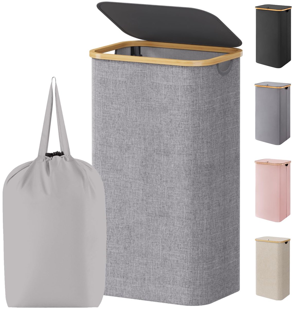 Wasmand van 100 liter met deksel, wasmand voor wasgoed met bamboe handgrepen en 1 afneembare tas, grote opvouwbare wasmand voor slaapkamer, badkamer, slaapzaal, wasruimte, lichtgrijs