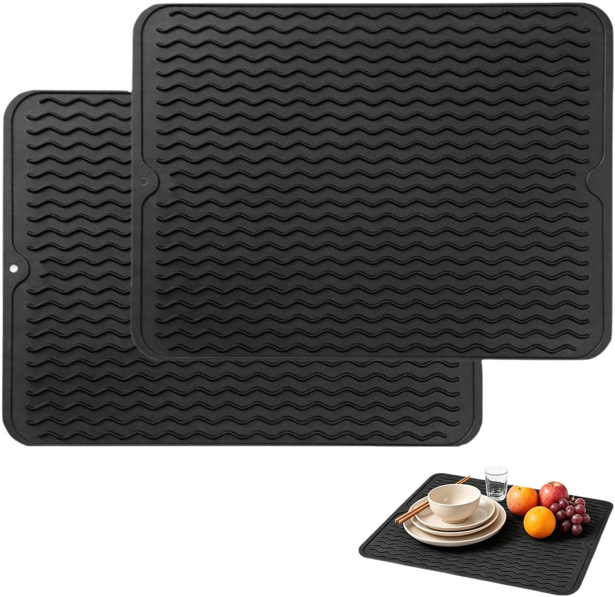 Afdruipmat, 2 stuks, afdruipmat, spoelbak, 40 x 30 cm, servies, afdruipmat, antislip, hittebestendige siliconenmat voor de keuken voor het drogen van servies en glazen (zwart)