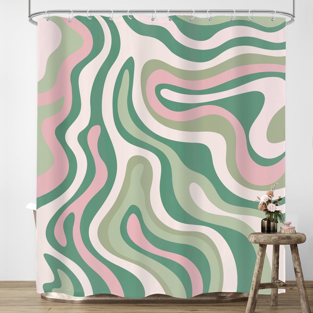 douchegordijn in roze en groen, 152 x 182 cm (b x h), Boheems, spiraal, modern, esthetisch, jaren '2000 en 70, retro, mooie badkamerdecoratie, polyester, waterdicht