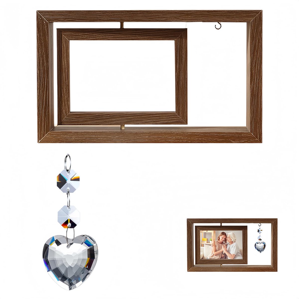 Draaibaar Fotolijstje – Dubbelzijdig Houten Fotolijst met Hartvormige Zonnvanger – Ideaal Moederdag Cadeau, 4x6 Inch Foto's, 27.6x16.5cm, Vintage Design